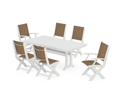 POLYWOOD® Coastal Folding Chair 7-Piece Farmhouse Dining Set with Trestle Legs in White / Burlap Sling