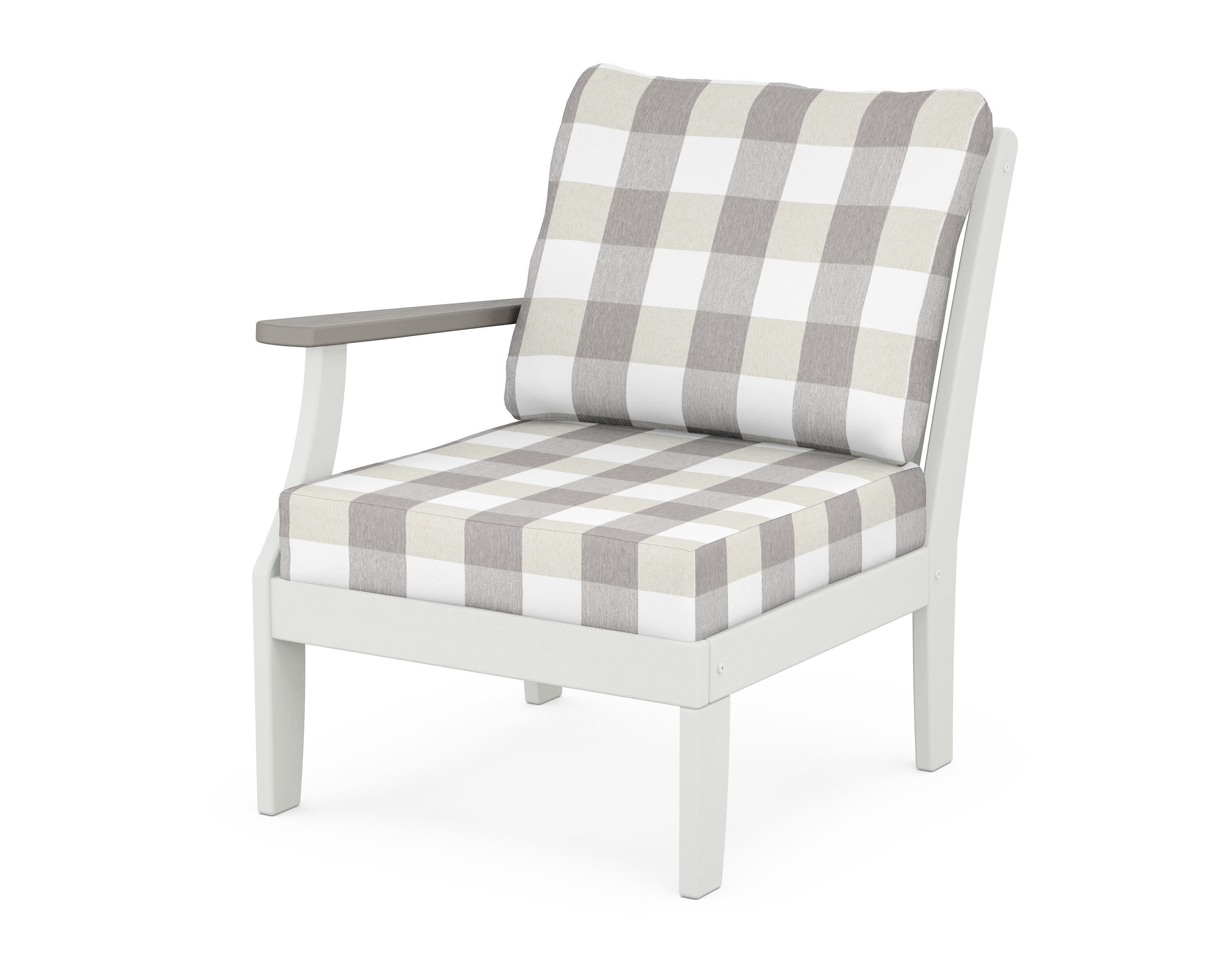 POLYWOOD® Braxton Modular Left Arm Chair in White / Driftwood / Buffalo Plaid Grey Mist