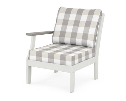 POLYWOOD® Braxton Modular Left Arm Chair in White / Driftwood / Buffalo Plaid Grey Mist