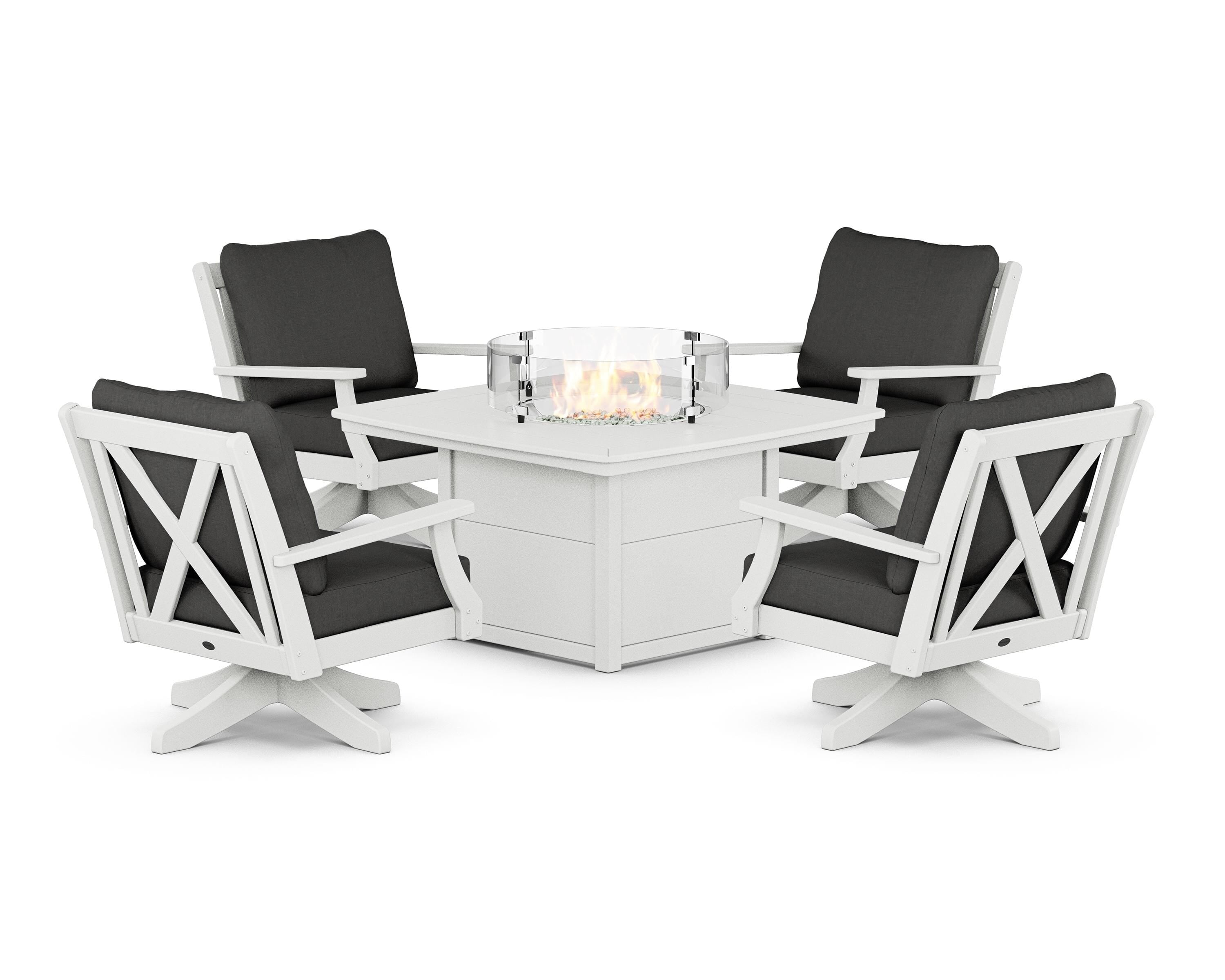 POLYWOOD® Braxton 5-Piece Deep Seating Swivel Conversation Set with Fire Pit Table in White / Spectrum Carbon