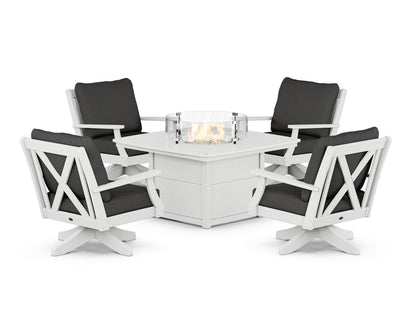 POLYWOOD® Braxton 5-Piece Deep Seating Swivel Conversation Set with Fire Pit Table in White / Spectrum Carbon