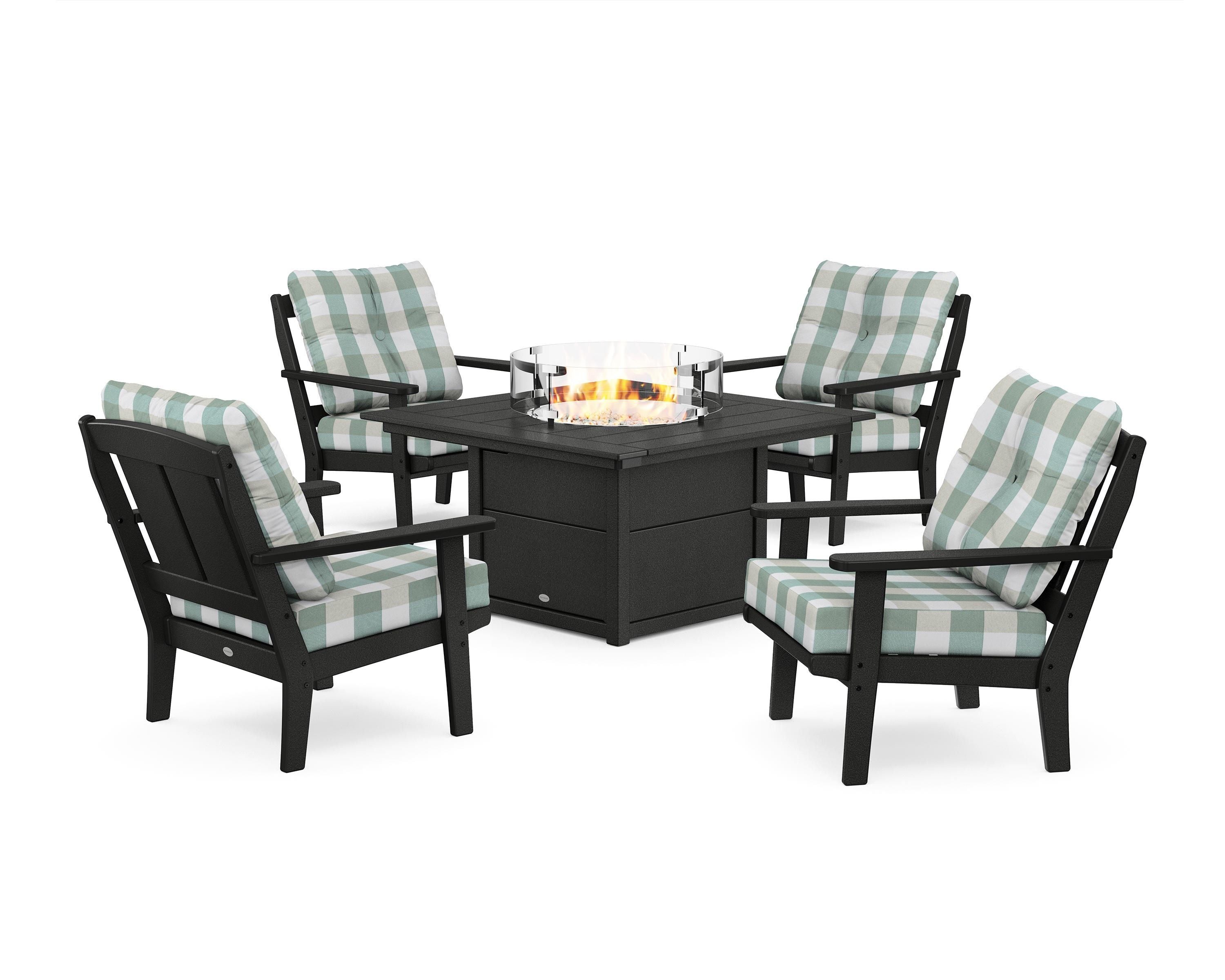 POLYWOOD® Mission 5-Piece Deep Seating Set with Fire Pit Table in Black / Buffalo Plaid Glacier Spa
