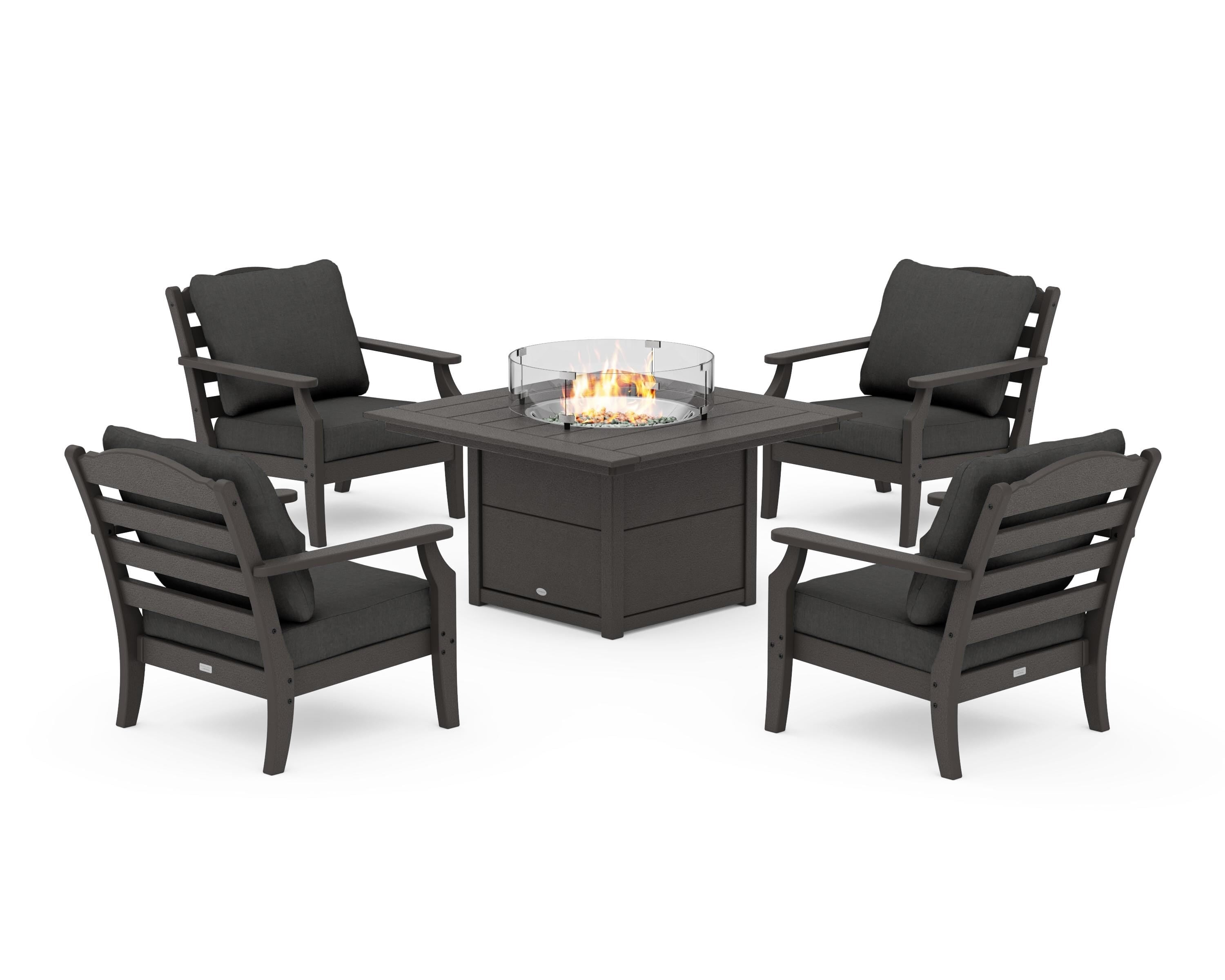 Draper James™ by  POLYWOOD® Savannah 5-Piece Deep Seating Set with Fire Pit Table in Vintage Coffee / Spectrum Carbon