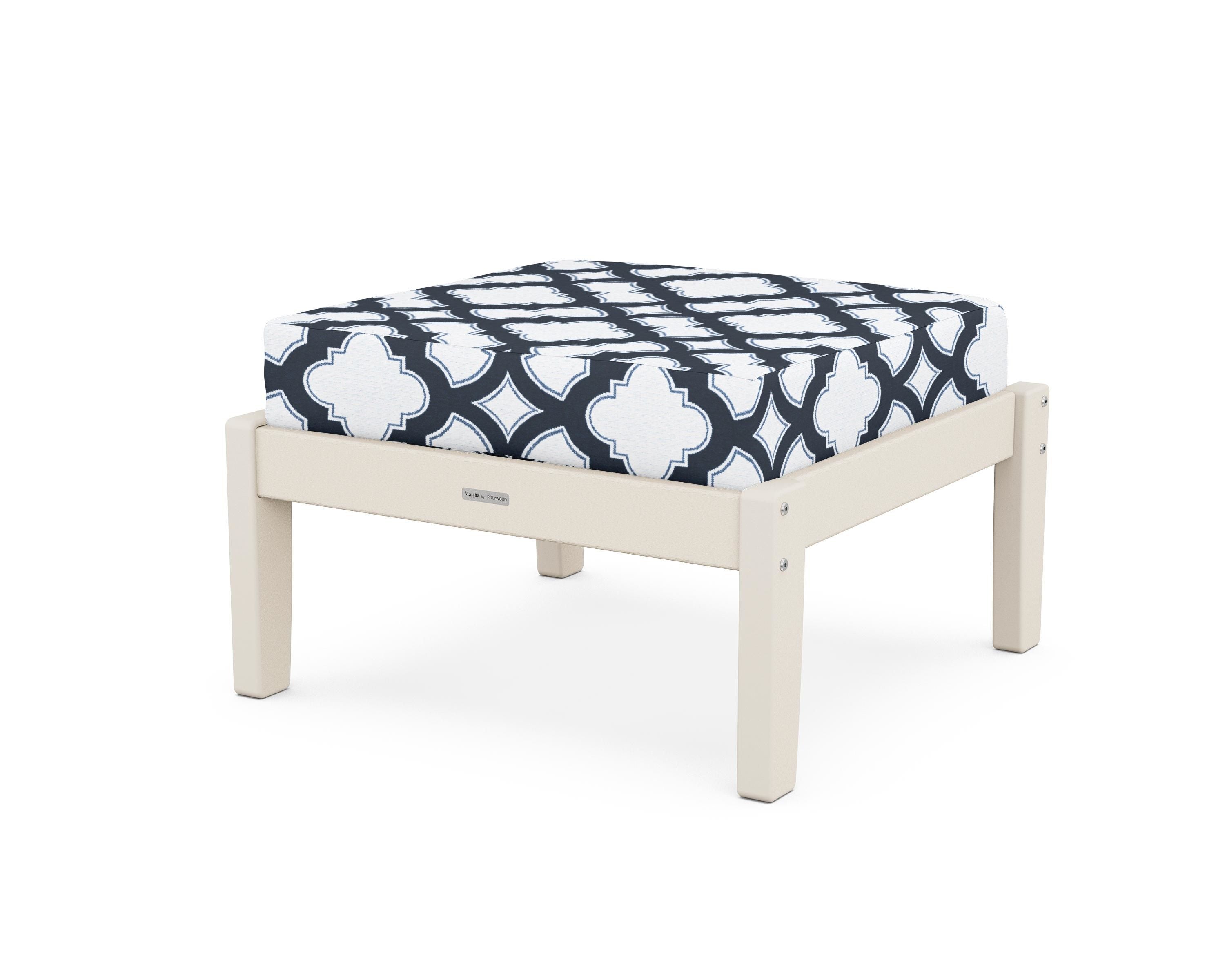 Martha Stewart by POLYWOOD® Chinoiserie Deep Seating Ottoman in Sand / Trellis Marine Indigo