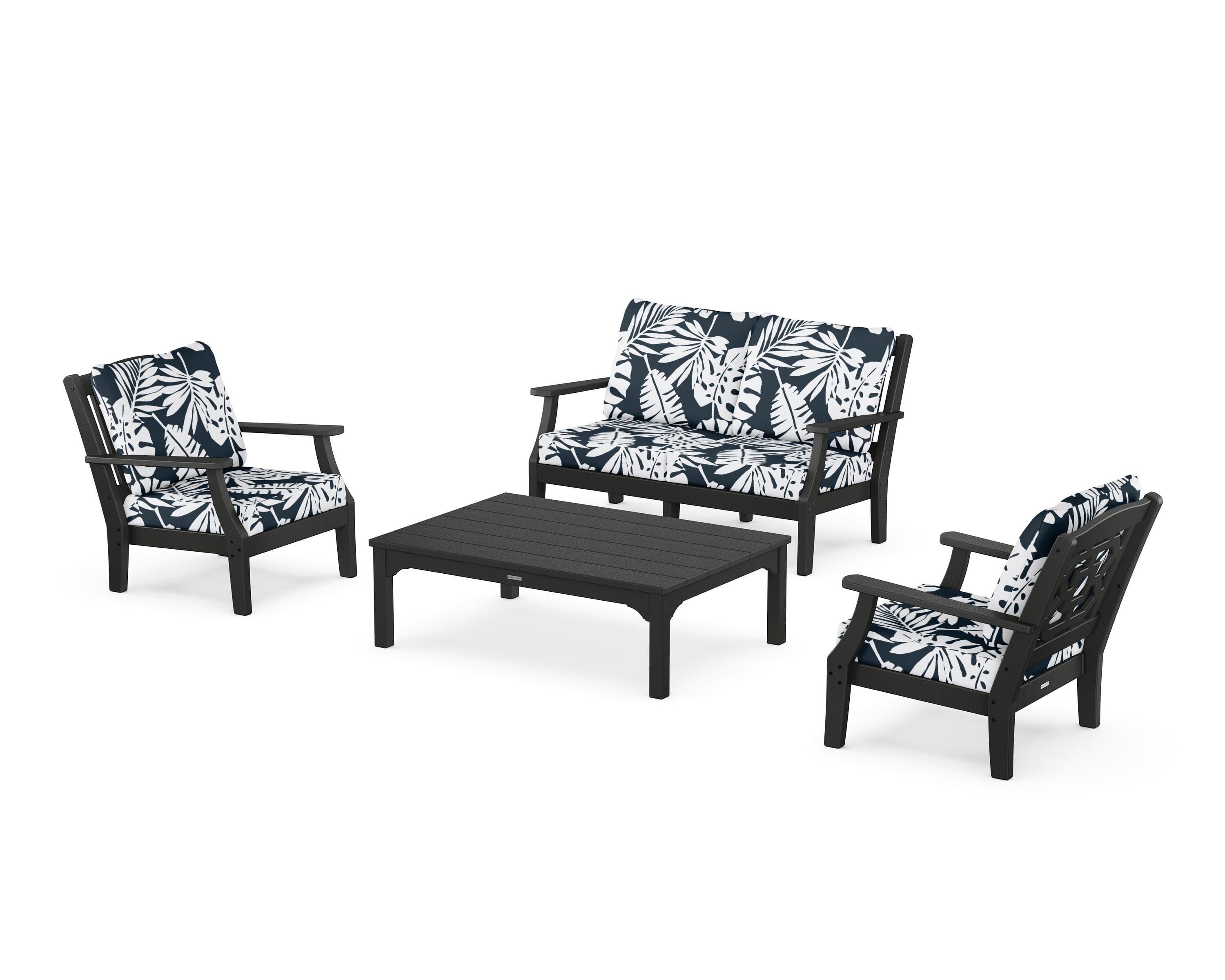 Martha Stewart by POLYWOOD® Chinoiserie 4-Piece Deep Seating Set with Loveseat in Black / Leaf Marine Indigo