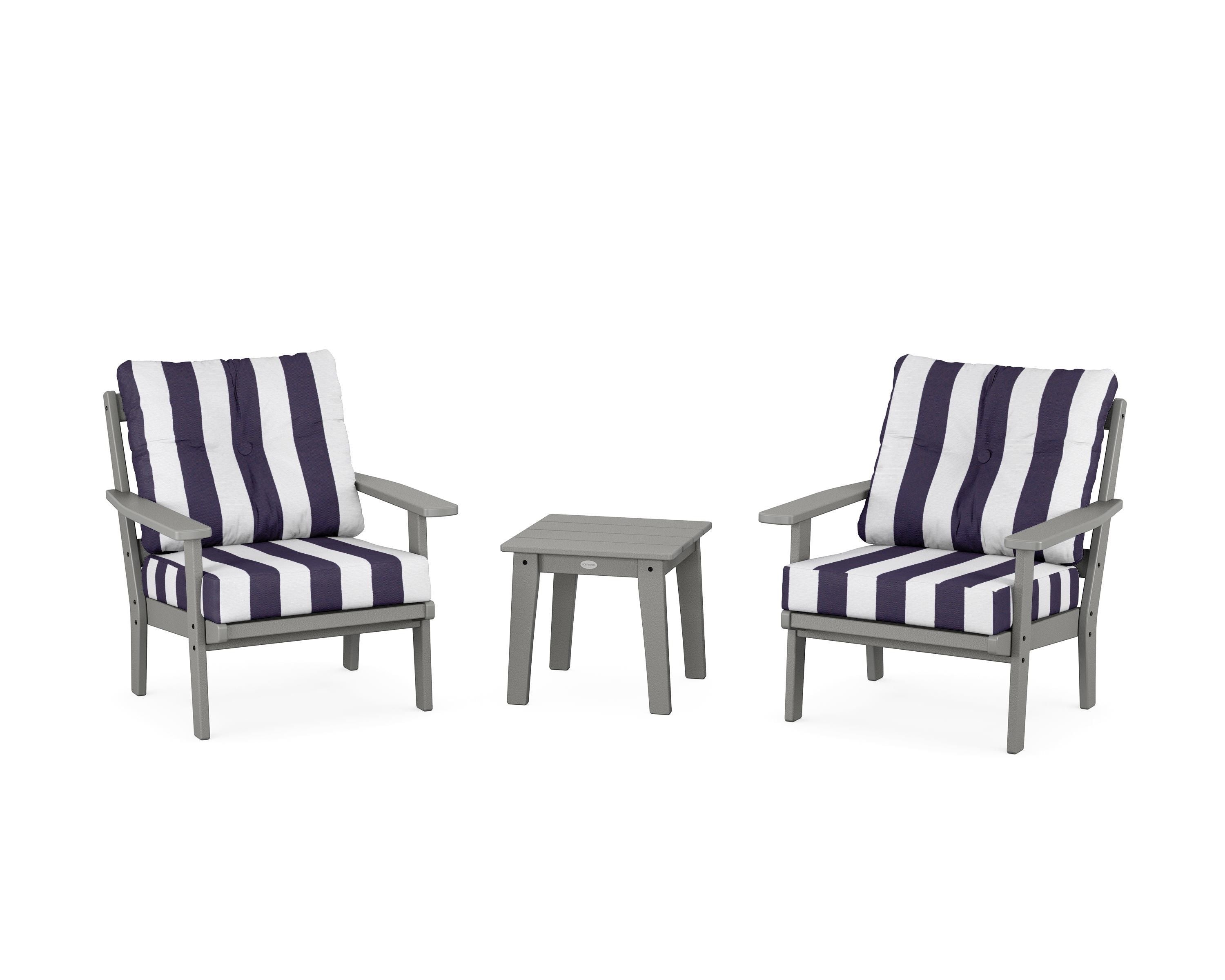 POLYWOOD® Oxford 3-Piece Deep Seating Set in Slate Grey / Cabana Stripe Navy