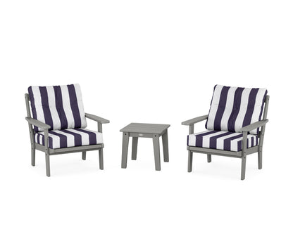 POLYWOOD® Oxford 3-Piece Deep Seating Set in Slate Grey / Cabana Stripe Navy