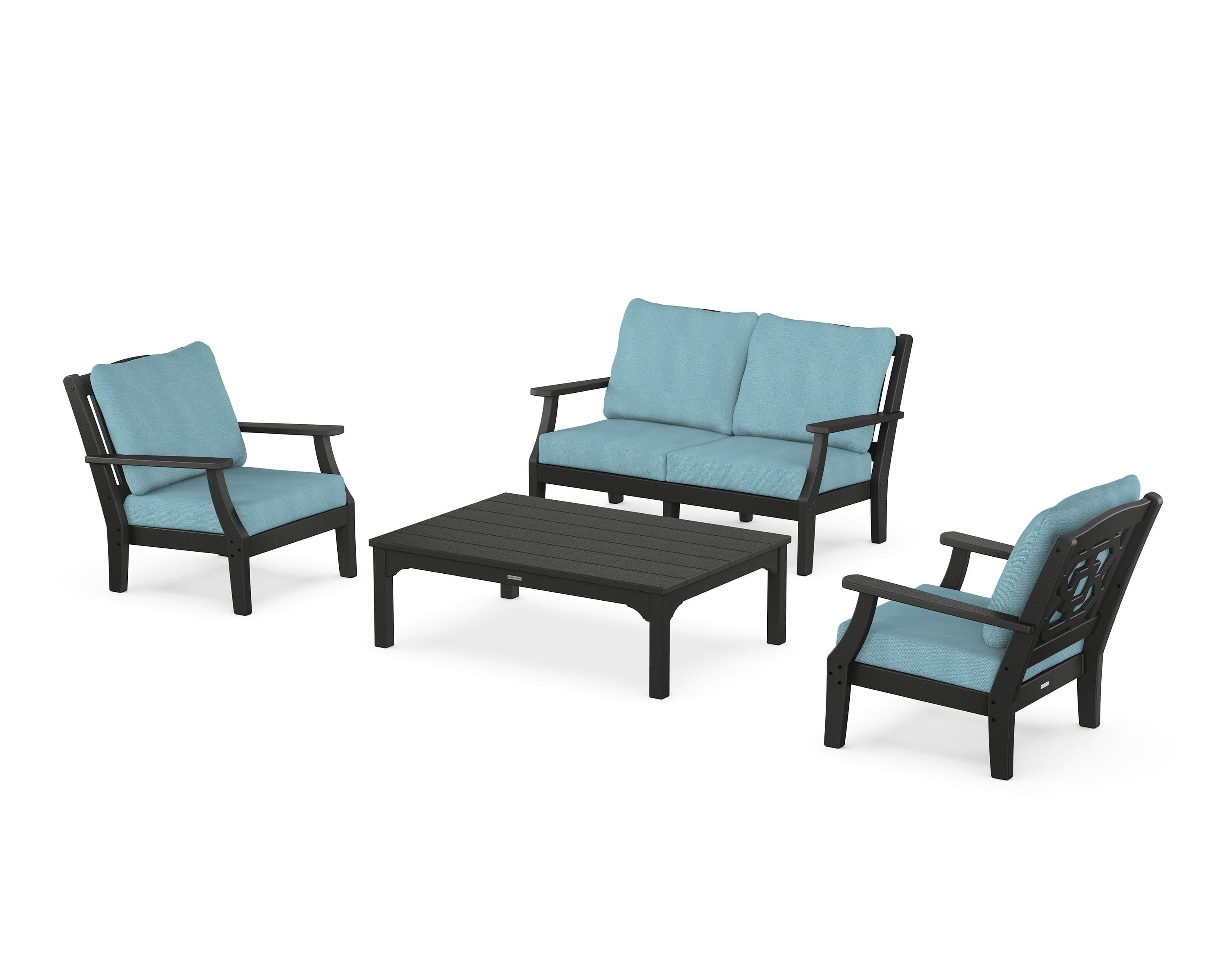 Martha Stewart by POLYWOOD® Chinoiserie 4-Piece Deep Seating Set with Loveseat in Black / Lattice Sky Blue