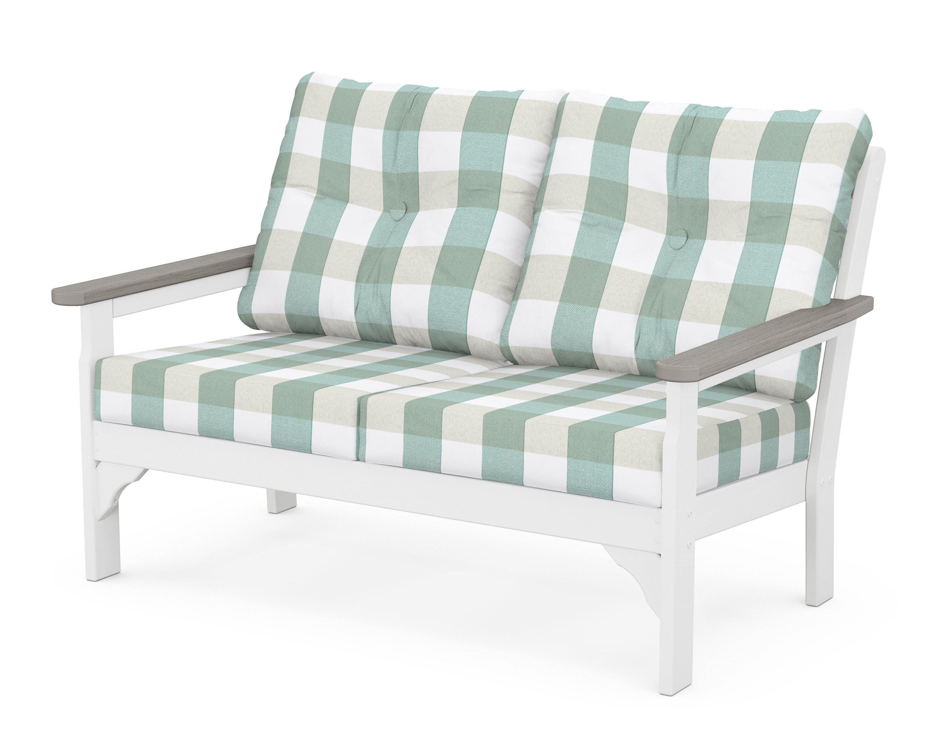 POLYWOOD® Vineyard Deep Seating Loveseat in White / Driftwood / Buffalo Plaid Glacier Spa