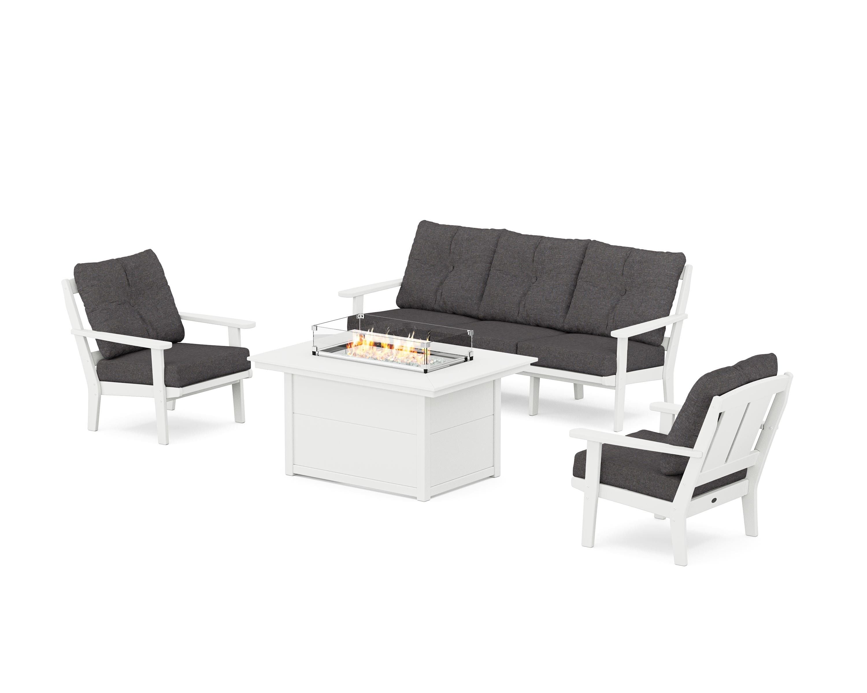 POLYWOOD® Mission Deep Seating Fire Pit Table Set in White / Ash Charcoal