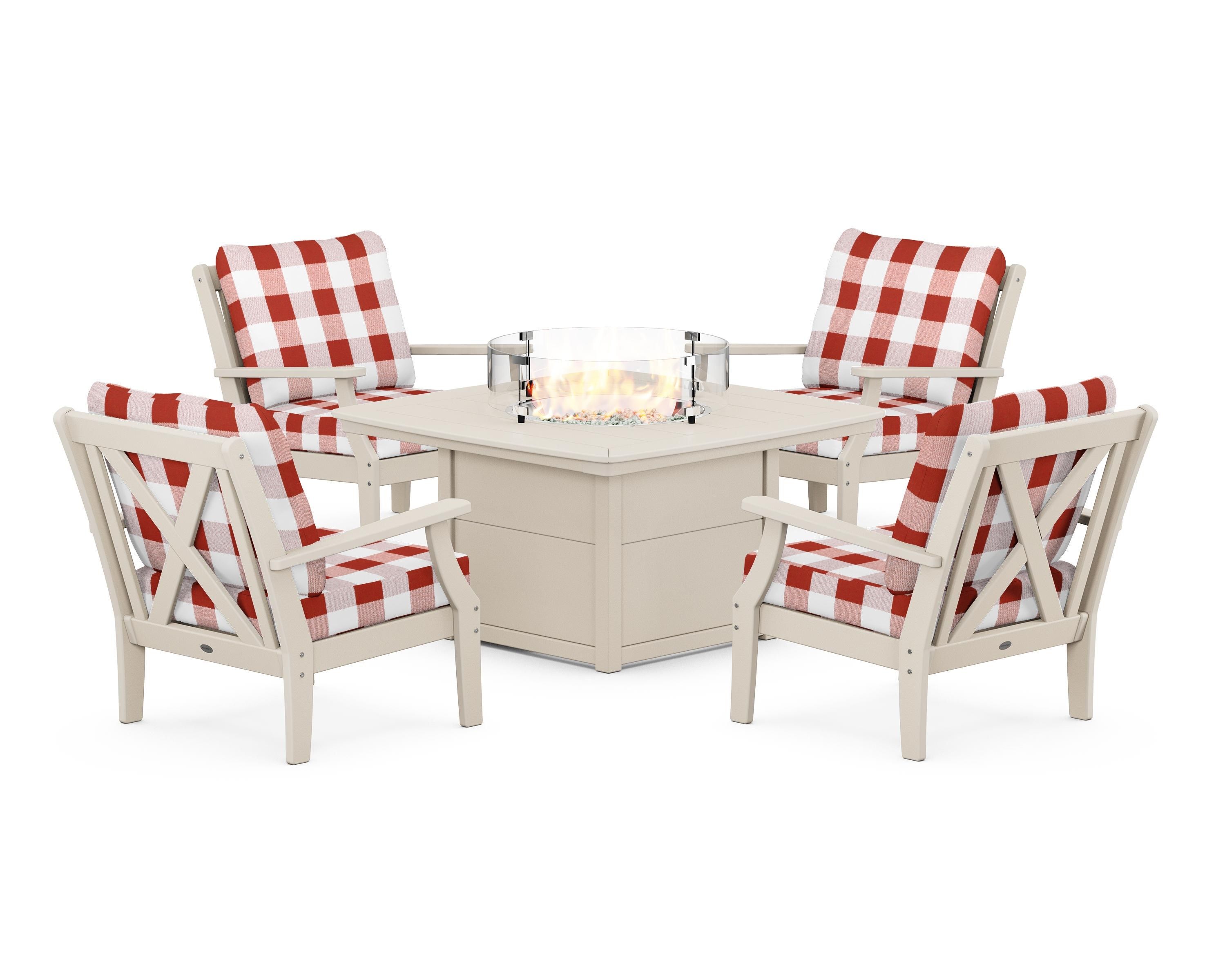 POLYWOOD® Braxton 5-Piece Deep Seating Conversation Set with Fire Pit Table in Sand / Buffalo Plaid Crimson
