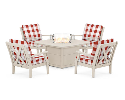 POLYWOOD® Braxton 5-Piece Deep Seating Conversation Set with Fire Pit Table in Sand / Buffalo Plaid Crimson