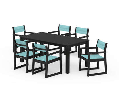 POLYWOOD® EDGE Sling Arm Chair 7-Piece Parsons Dining Set in Black / Dupioni Aquamarine Sling