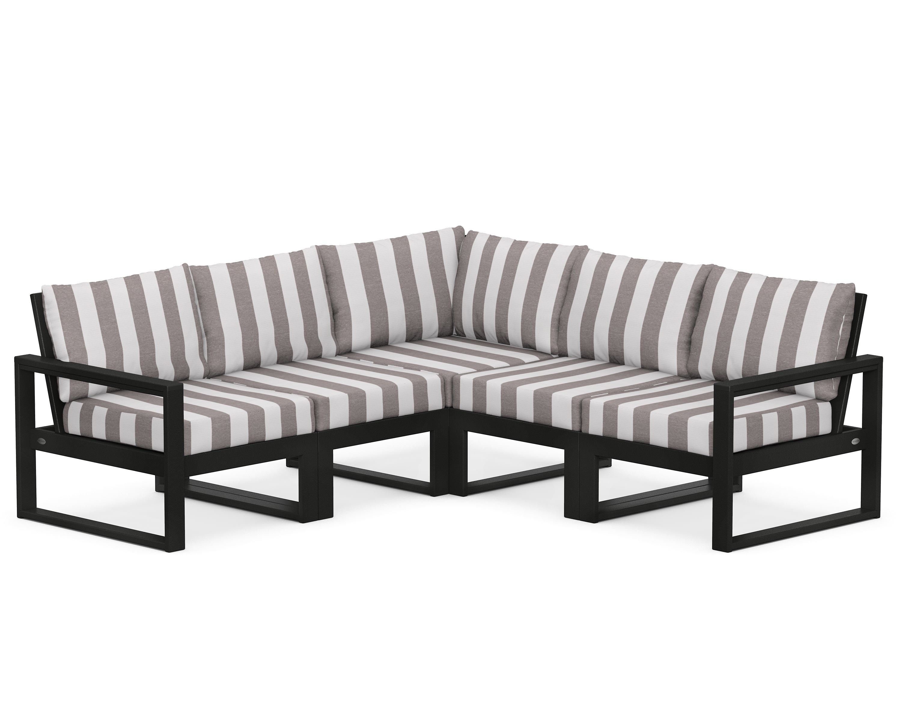 POLYWOOD® EDGE 5-Piece Modular Deep Seating Set in Black / Cabana Stripe Grey Mist