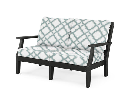 Martha Stewart by POLYWOOD® Chinoiserie Deep Seating Loveseat in Black / Trellis Glacier Spa