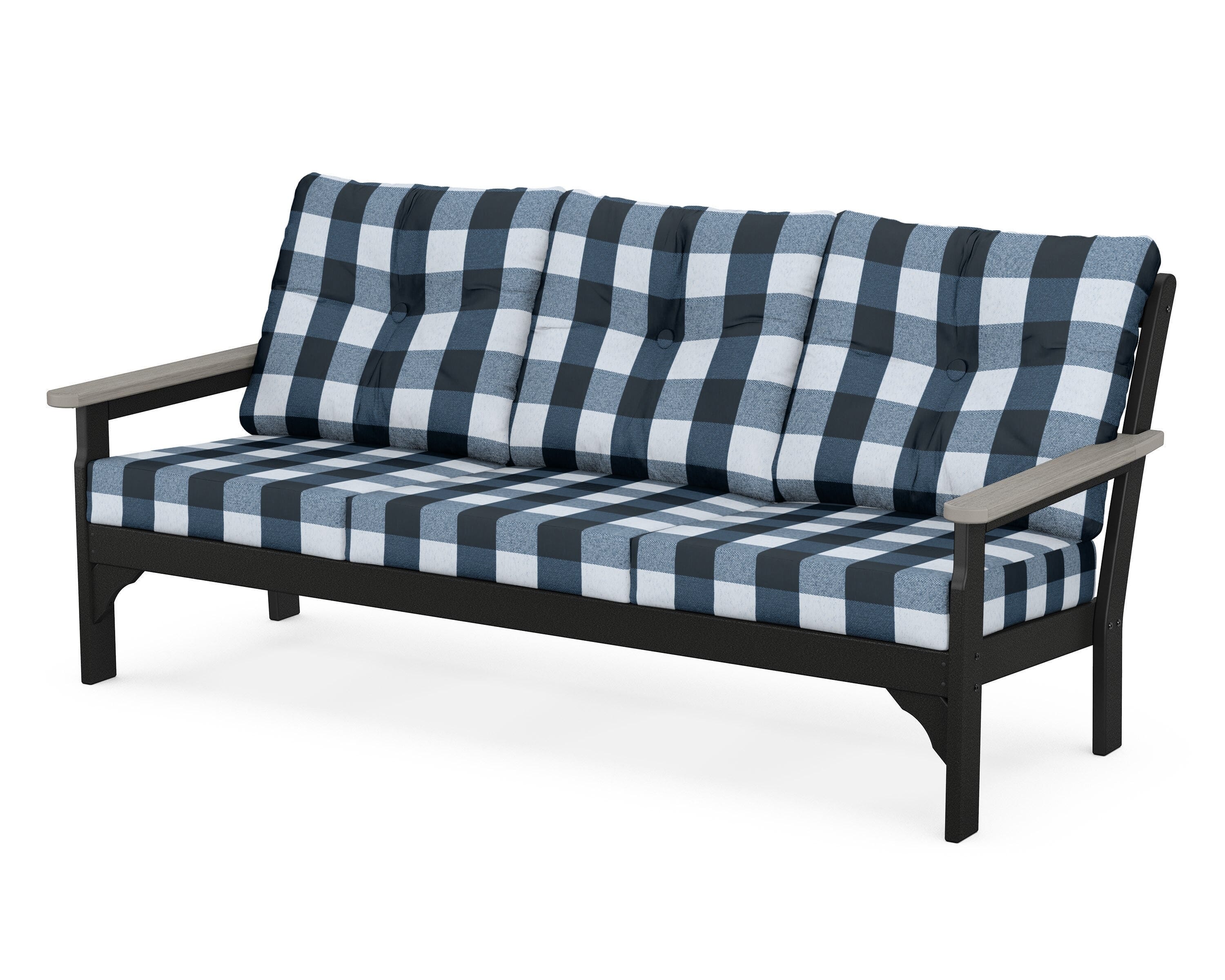 POLYWOOD® Vineyard Deep Seating Sofa in Black / Driftwood / Buffalo Plaid Marine Indigo