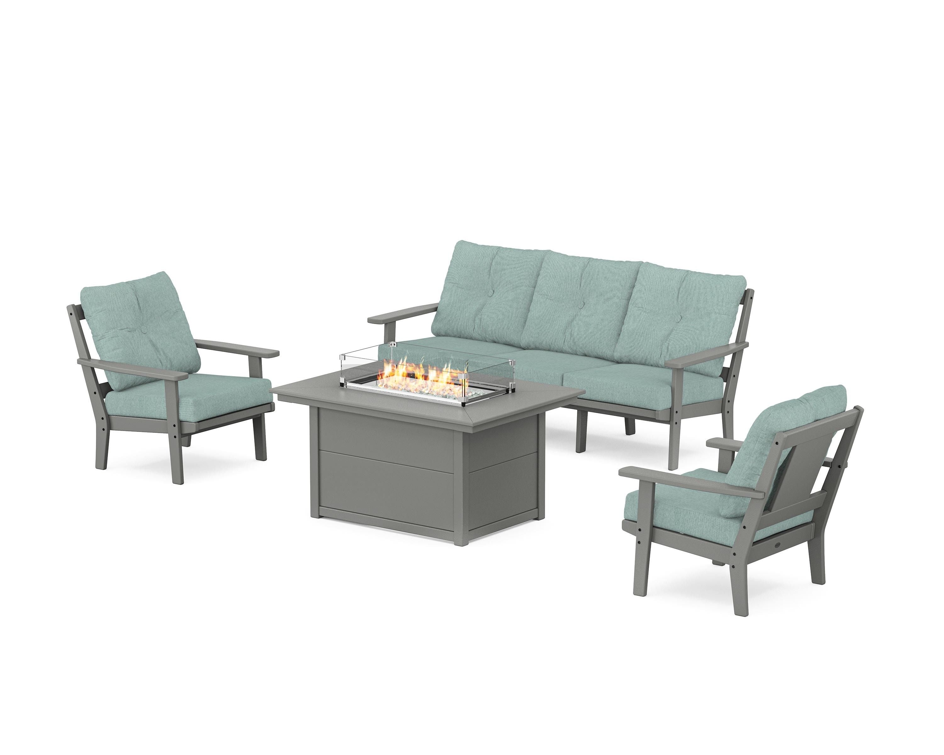 POLYWOOD® Prairie Deep Seating Fire Pit Table Set in Slate Grey / Glacier Spa