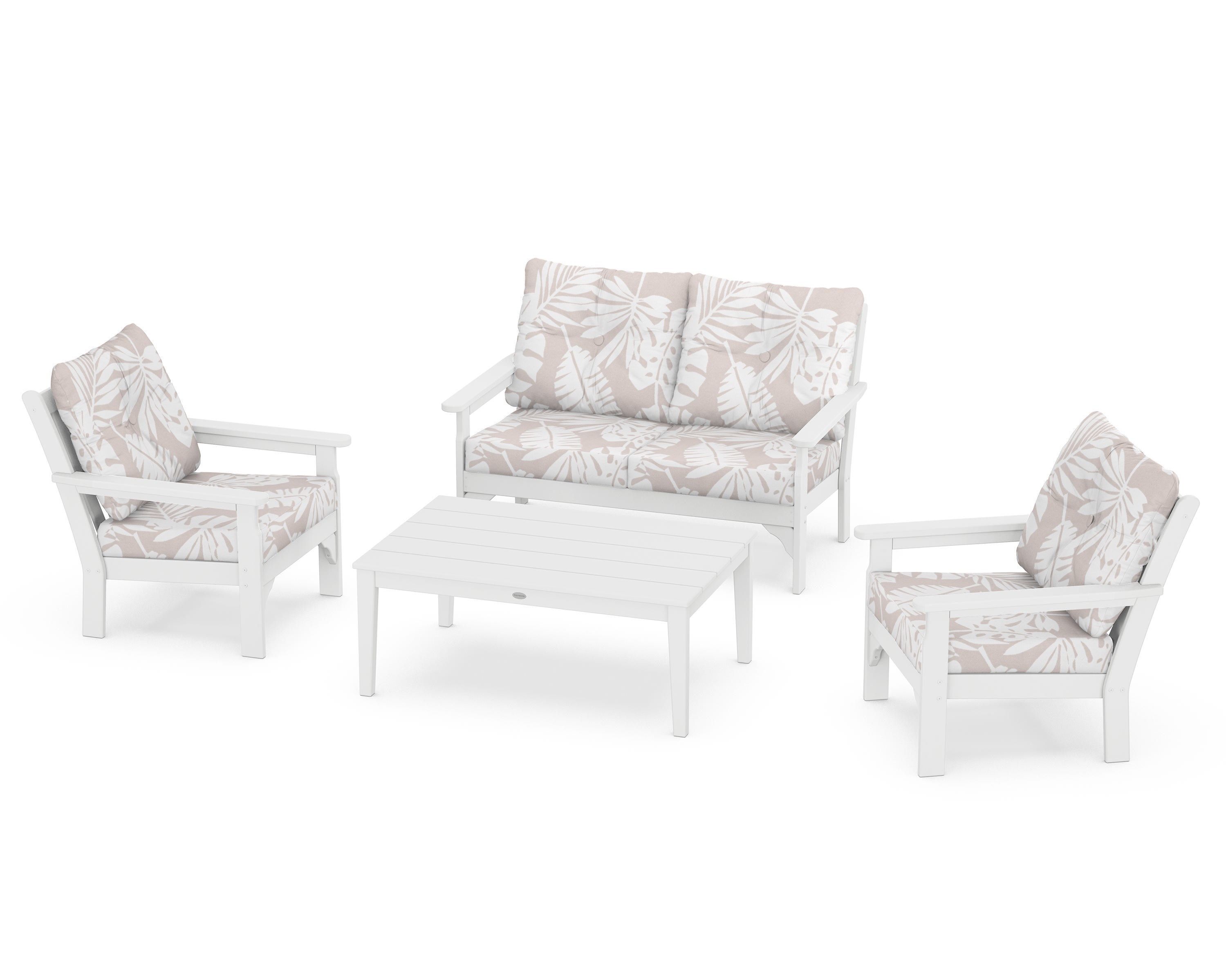 POLYWOOD® Vineyard 4-Piece Deep Seating Set in White / Leaf Dune Burlap