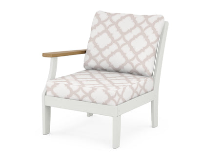 POLYWOOD® Braxton Modular Left Arm Chair in White / Natural / Trellis Dune Burlap