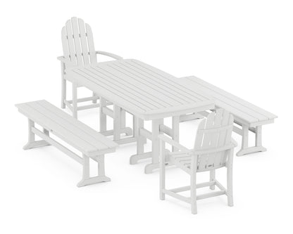 POLYWOOD® Classic Adirondack 5-Piece Dining Set with Benches in White