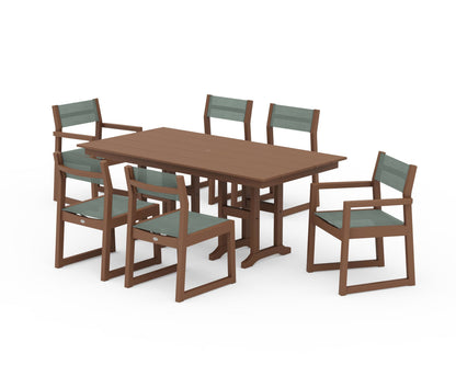 POLYWOOD® EDGE Sling 7-Piece Farmhouse Dining Set in Teak / Dupioni Sea Mist Sling