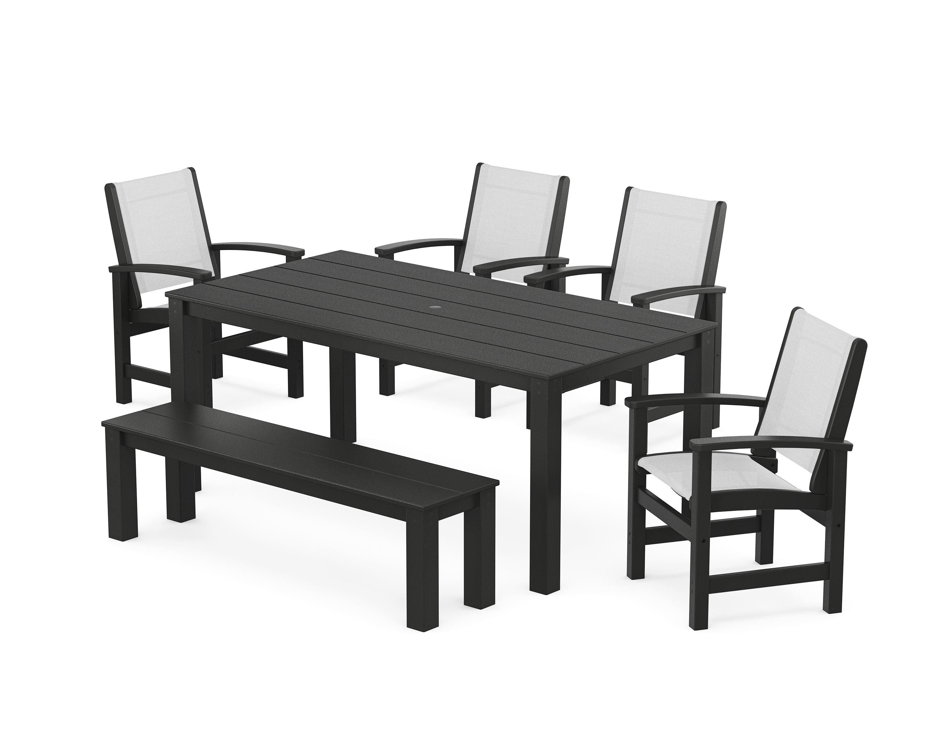 POLYWOOD® Coastal 6-Piece Parsons Dining Set with Bench in Black / White Sling