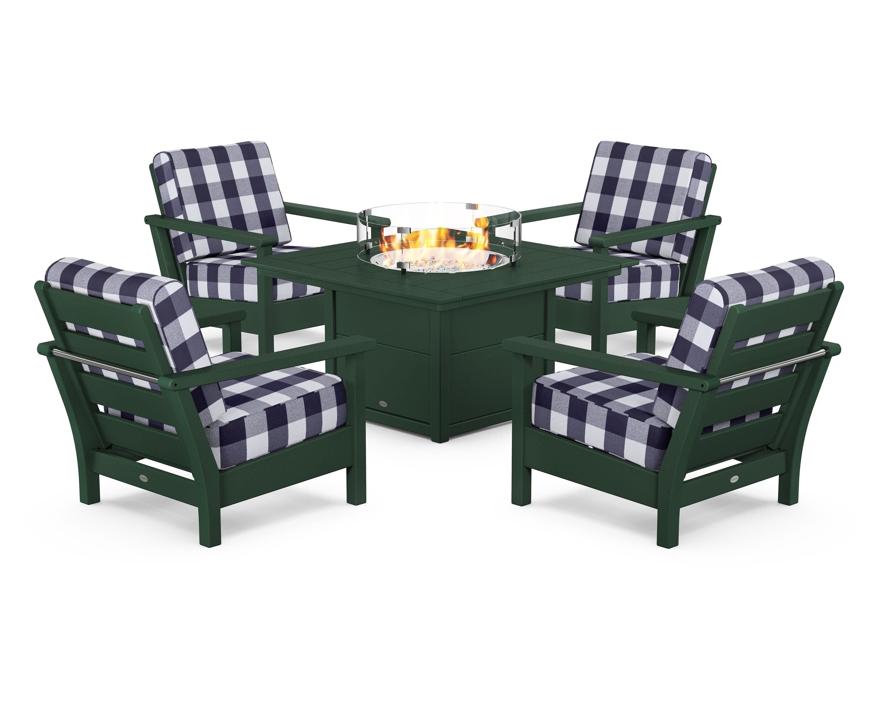 POLYWOOD® Harbour 5-Piece Conversation Set with Fire Pit Table in Green / Buffalo Plaid Navy