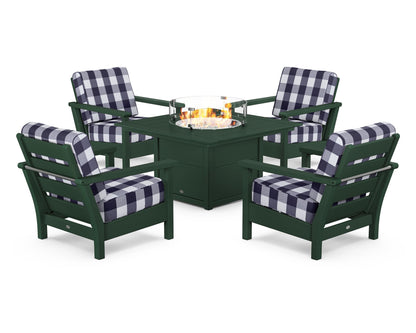 POLYWOOD® Harbour 5-Piece Conversation Set with Fire Pit Table in Green / Buffalo Plaid Navy