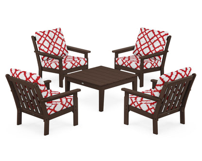 POLYWOOD® Vineyard 5-Piece Deep Seating Conversation Set in Mahogany / Trellis Crimson