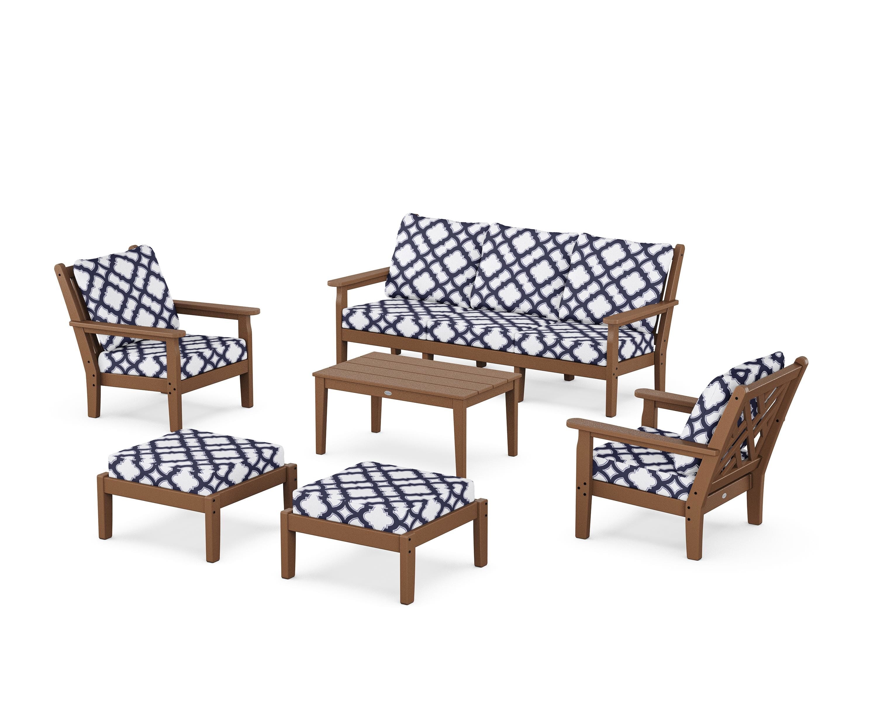 POLYWOOD® Chippendale 6-Piece Lounge Sofa Set in Teak / Trellis Navy