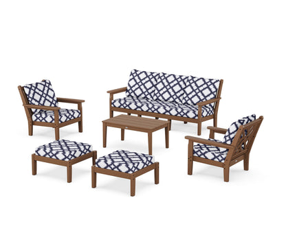POLYWOOD® Chippendale 6-Piece Lounge Sofa Set in Teak / Trellis Navy