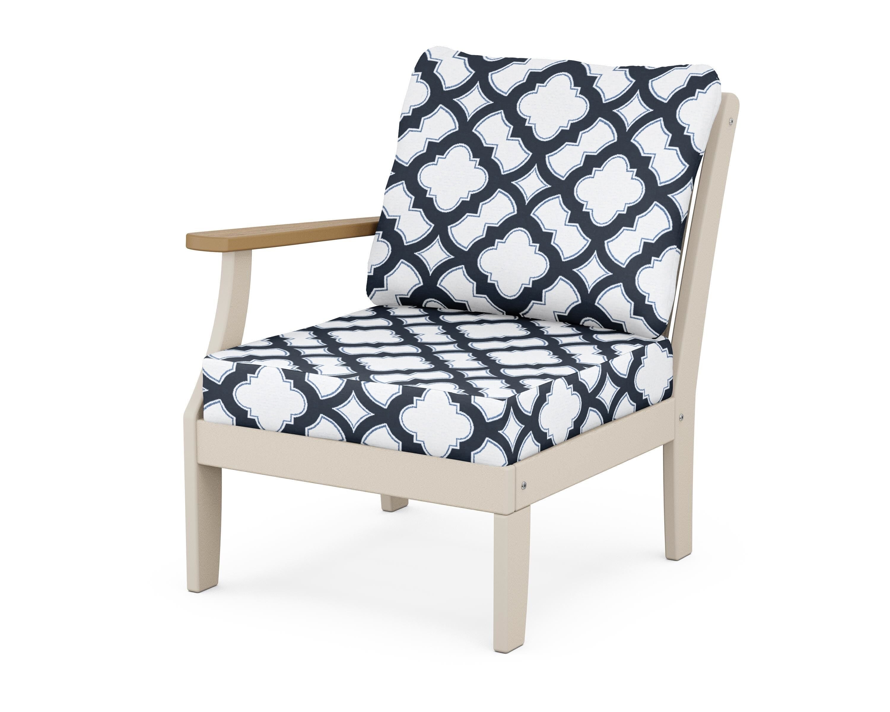 POLYWOOD® Braxton Modular Left Arm Chair in Sand / Natural / Trellis Marine Indigo