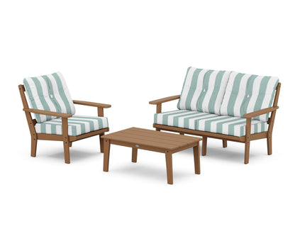 POLYWOOD® Prairie 3-Piece Deep Seating Set with Loveseat in Teak / Cabana Stripe Glacier Spa