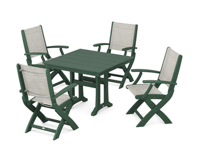 POLYWOOD® Coastal Folding Chair 5-Piece Farmhouse Dining Set With Trestle Legs in Green / Birch Sling