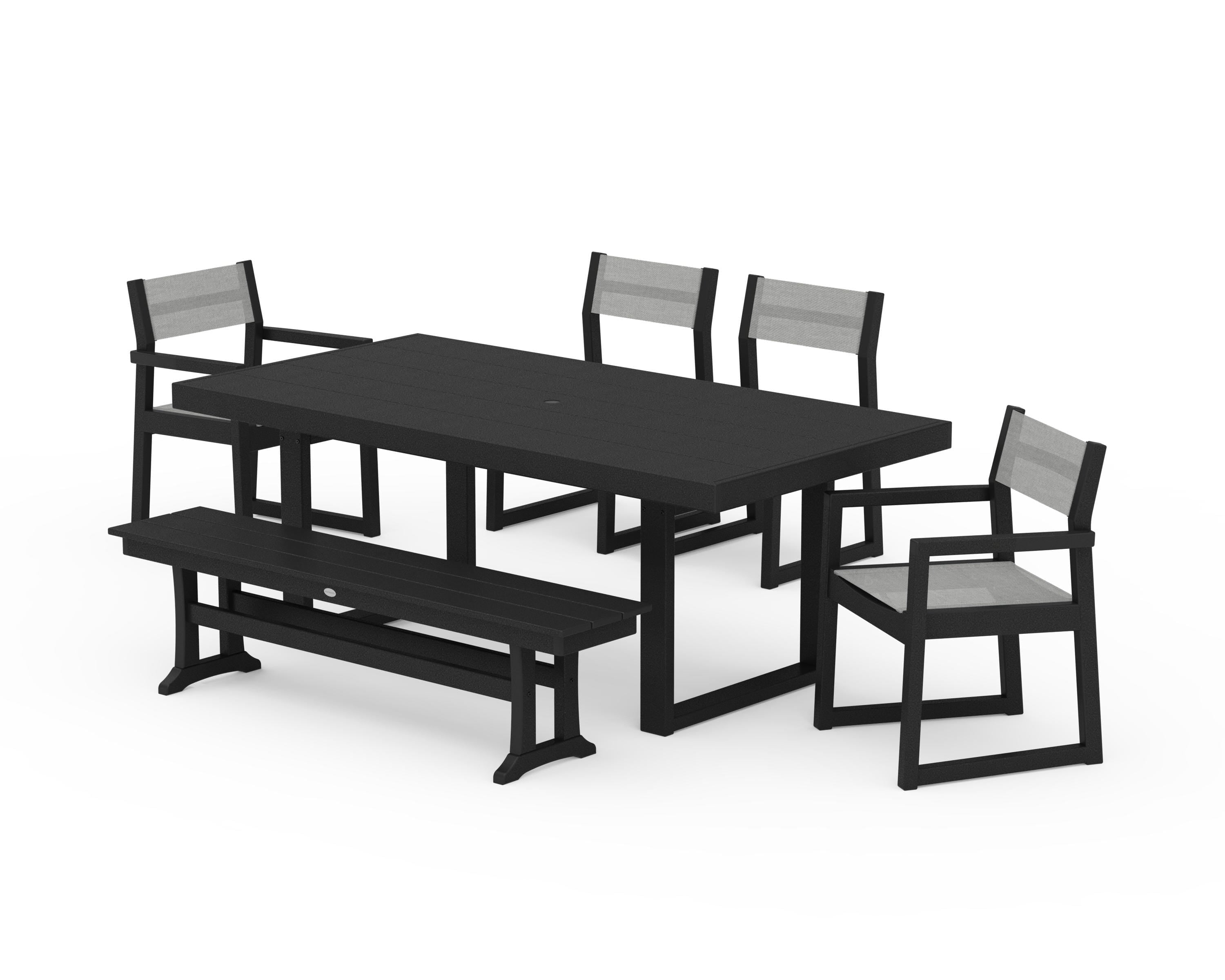 POLYWOOD® EDGE Sling 6-Piece Dining Set with Bench in Black / Metallic Sling
