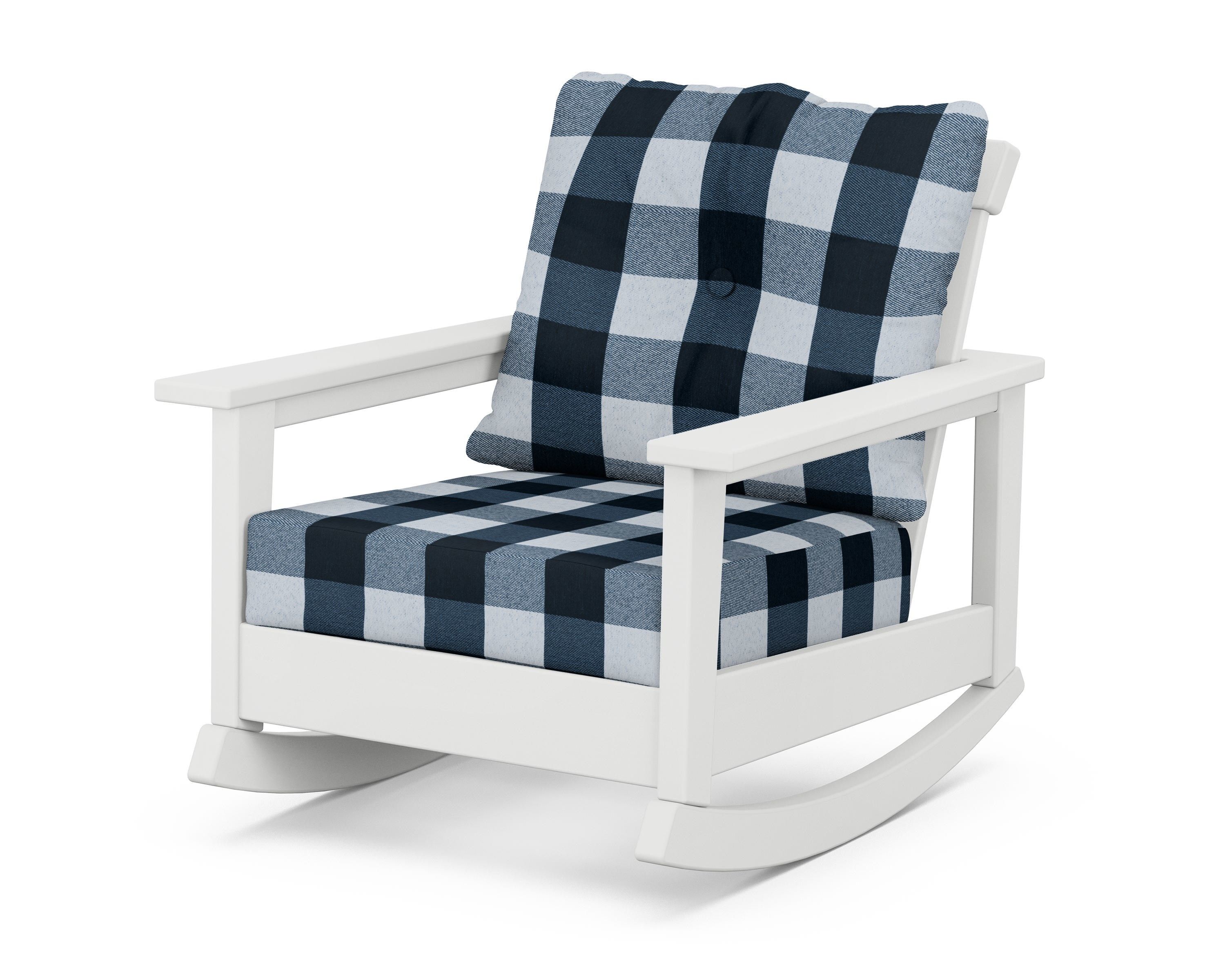 POLYWOOD® Prescott Deep Seating Rocking Chair in White / Buffalo Plaid Marine Indigo
