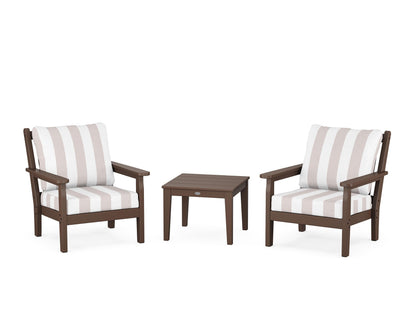 POLYWOOD® Chippendale 3-Piece Deep Seating Set in Mahogany / Cabana Stripe Dune Burlap