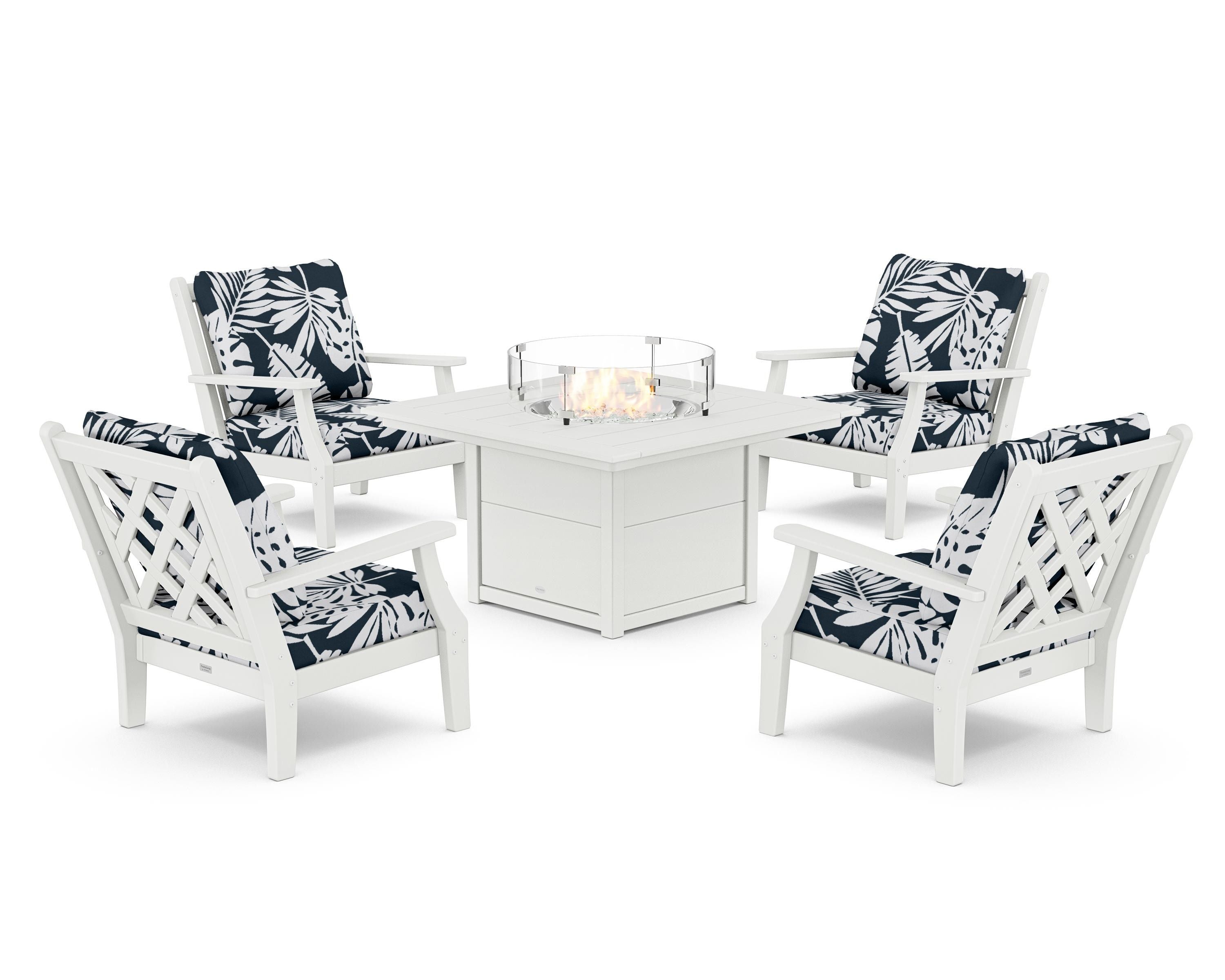 Country Living Wovendale 5-Piece Deep Seating Set with Fire Pit Table in White / Leaf Marine Indigo