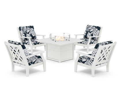Country Living Wovendale 5-Piece Deep Seating Set with Fire Pit Table in White / Leaf Marine Indigo