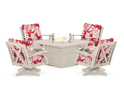 POLYWOOD® Braxton 5-Piece Deep Seating Swivel Conversation Set with Fire Pit Table in Sand / Leaf Crimson