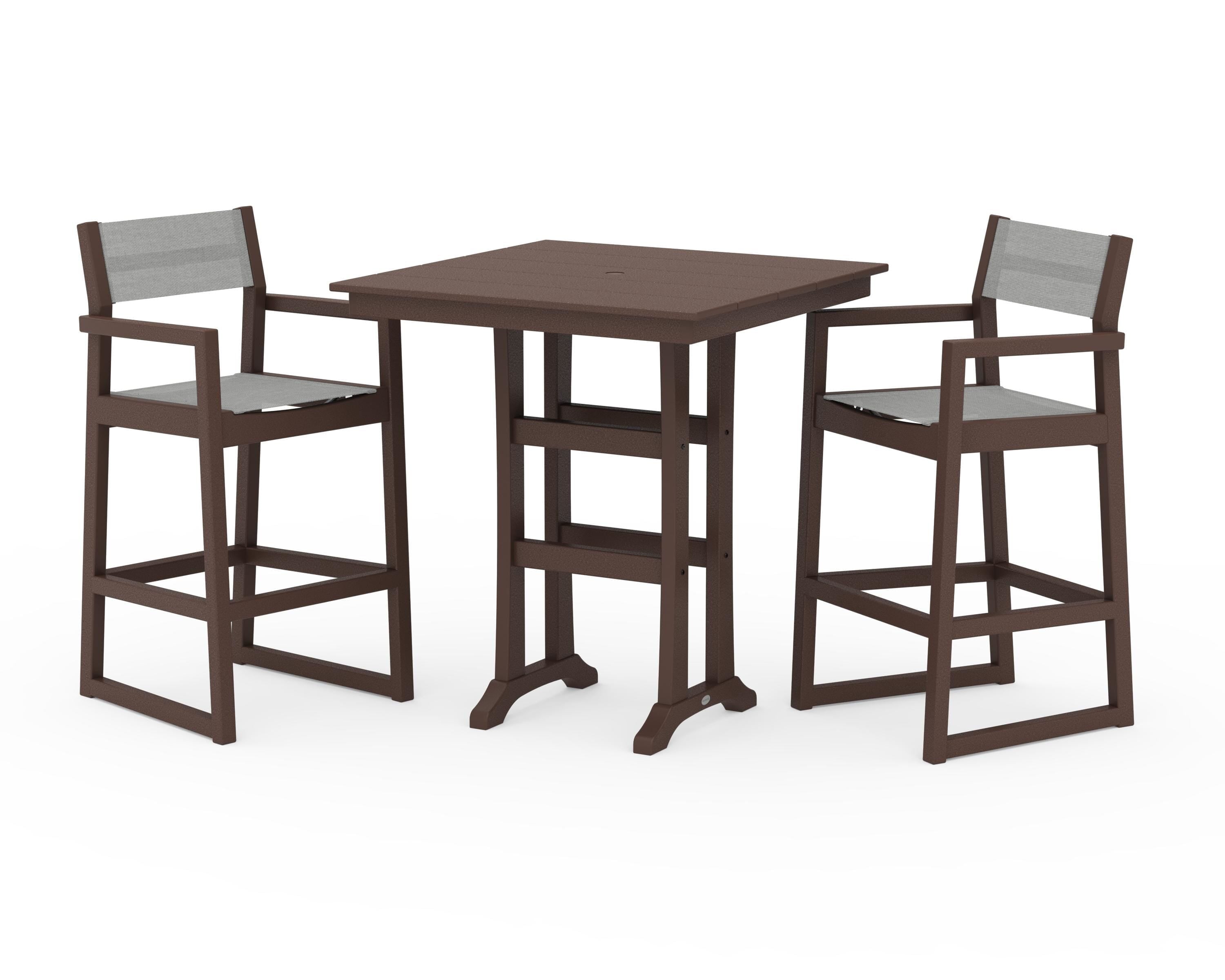 POLYWOOD® EDGE Sling Arm Chair 3-Piece Farmhouse Bar Set with Trestle Legs in Mahogany / Metallic Sling
