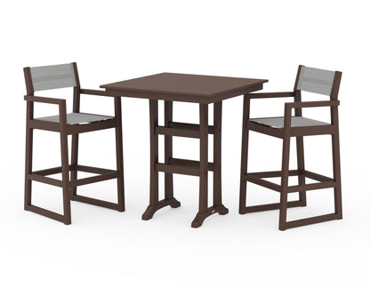 POLYWOOD® EDGE Sling Arm Chair 3-Piece Farmhouse Bar Set with Trestle Legs in Mahogany / Metallic Sling