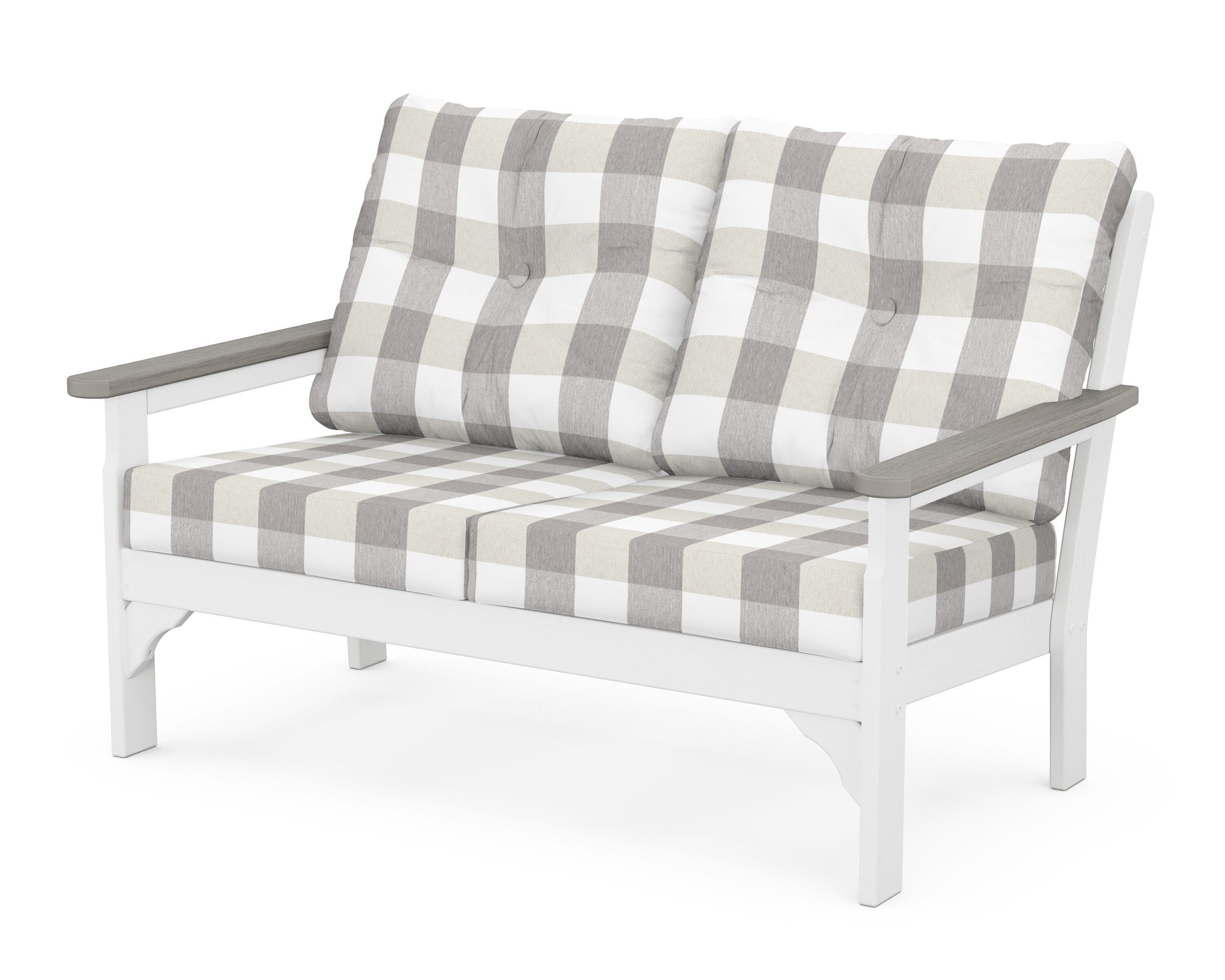 POLYWOOD® Vineyard Deep Seating Loveseat in White / Driftwood / Buffalo Plaid Grey Mist