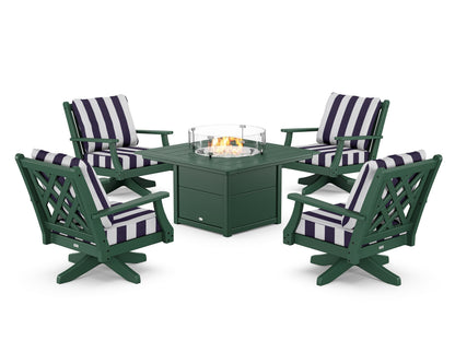 Country Living Wovendale 5-Piece Deep Seating Swivel Conversation Set with Fire Pit Table in Green / Cabana Stripe Navy