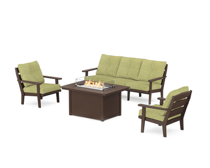 POLYWOOD® Lakeside Deep Seating Fire Pit Table Set in Mahogany / Chartreuse Boucle