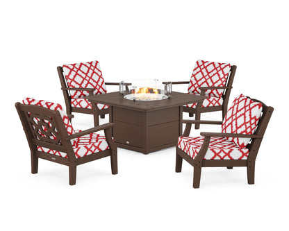 Martha Stewart by POLYWOOD® Chinoiserie 5-Piece Deep Seating Set with Fire Pit Table in Mahogany / Trellis Crimson