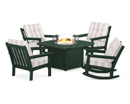 POLYWOOD® Vineyard 5-Piece Deep Seating Rocking Chair Conversation Set with Fire Pit Table in Green / Buffalo Plaid Dune Burlap