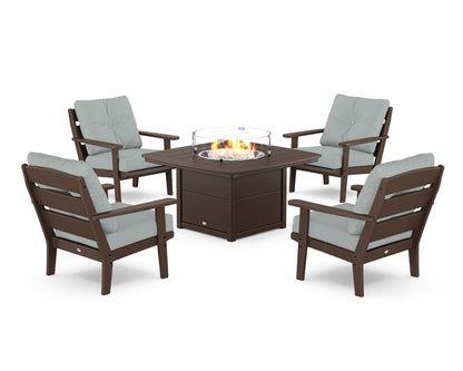 POLYWOOD® Lakeside 5-Piece Deep Seating Set with Nautical Fire Pit Table in Mahogany / Spa