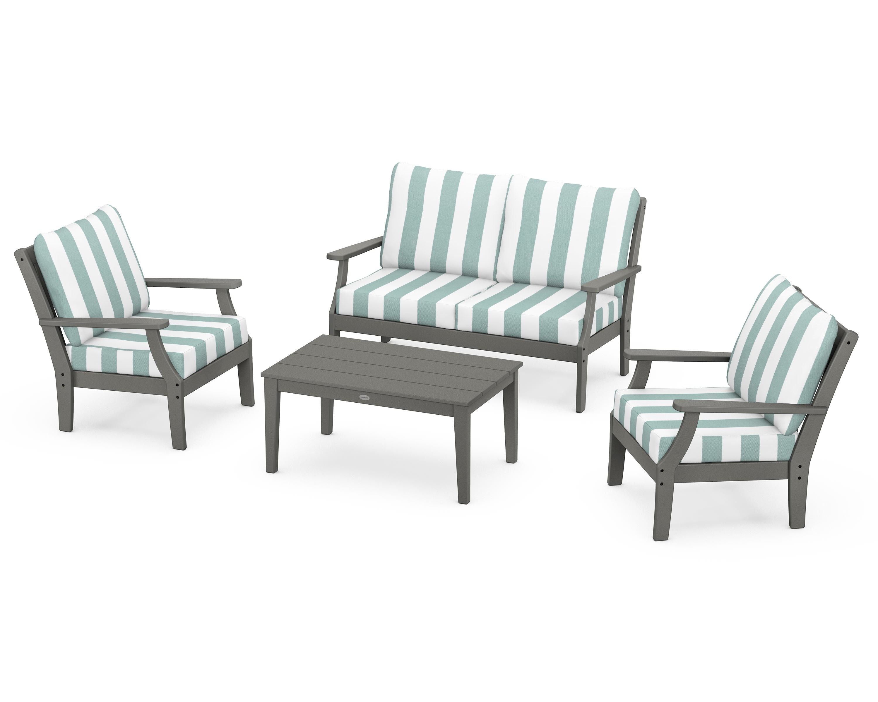 POLYWOOD® Braxton 4-Piece Deep Seating Chair Set in Slate Grey / Cabana Stripe Glacier Spa