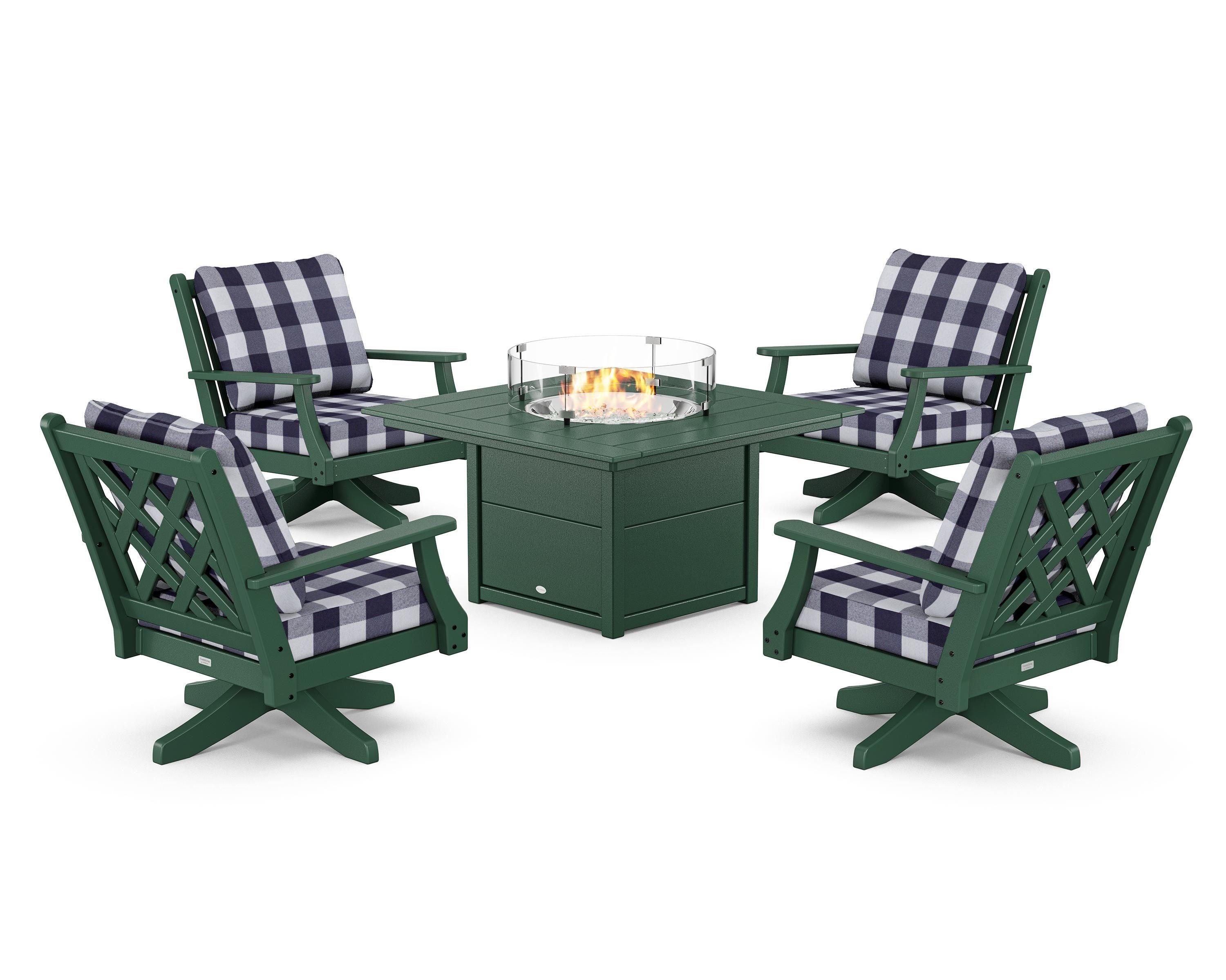 Country Living Wovendale 5-Piece Deep Seating Swivel Conversation Set with Fire Pit Table in Green / Buffalo Plaid Navy